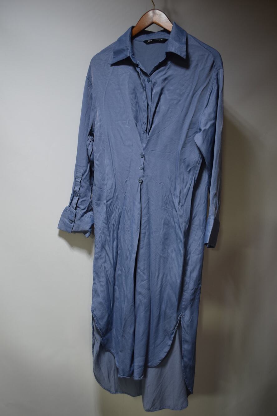 Zara Blue Midi Shirt Dress Long Sleeve Button Front High Low Hem Women's Size S